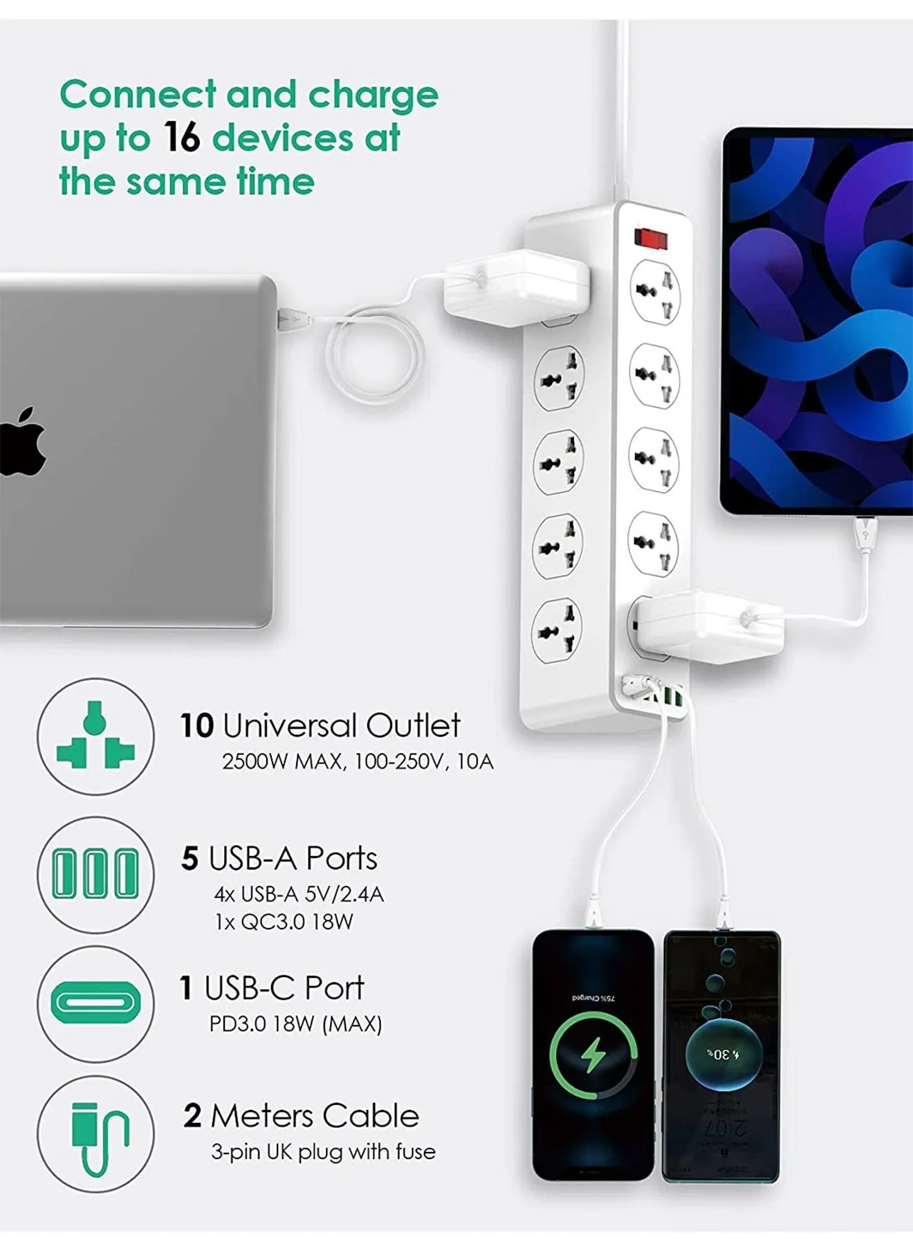 وصلة مشترك كهربائي ب 10 مخارج و 6 منافذ USB و منفذ USB C و سلك بطول 2 متر-2