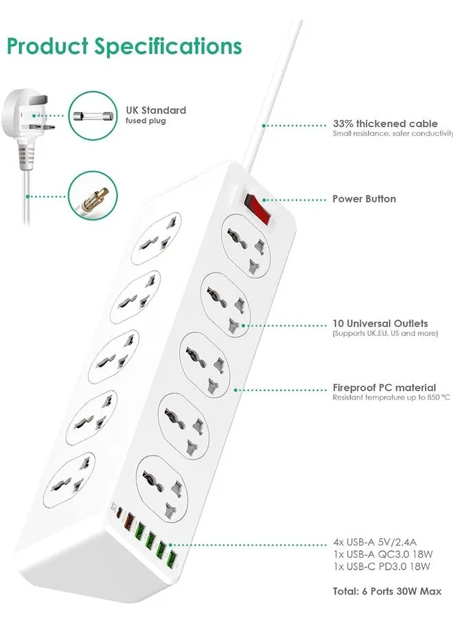 10 طريقة سلك تمديد الطاقة عرام حامي قطاع الثقيلة مقبس كهربائي عالمي 5x USB-A 1x USB-C PD 30 واط-2