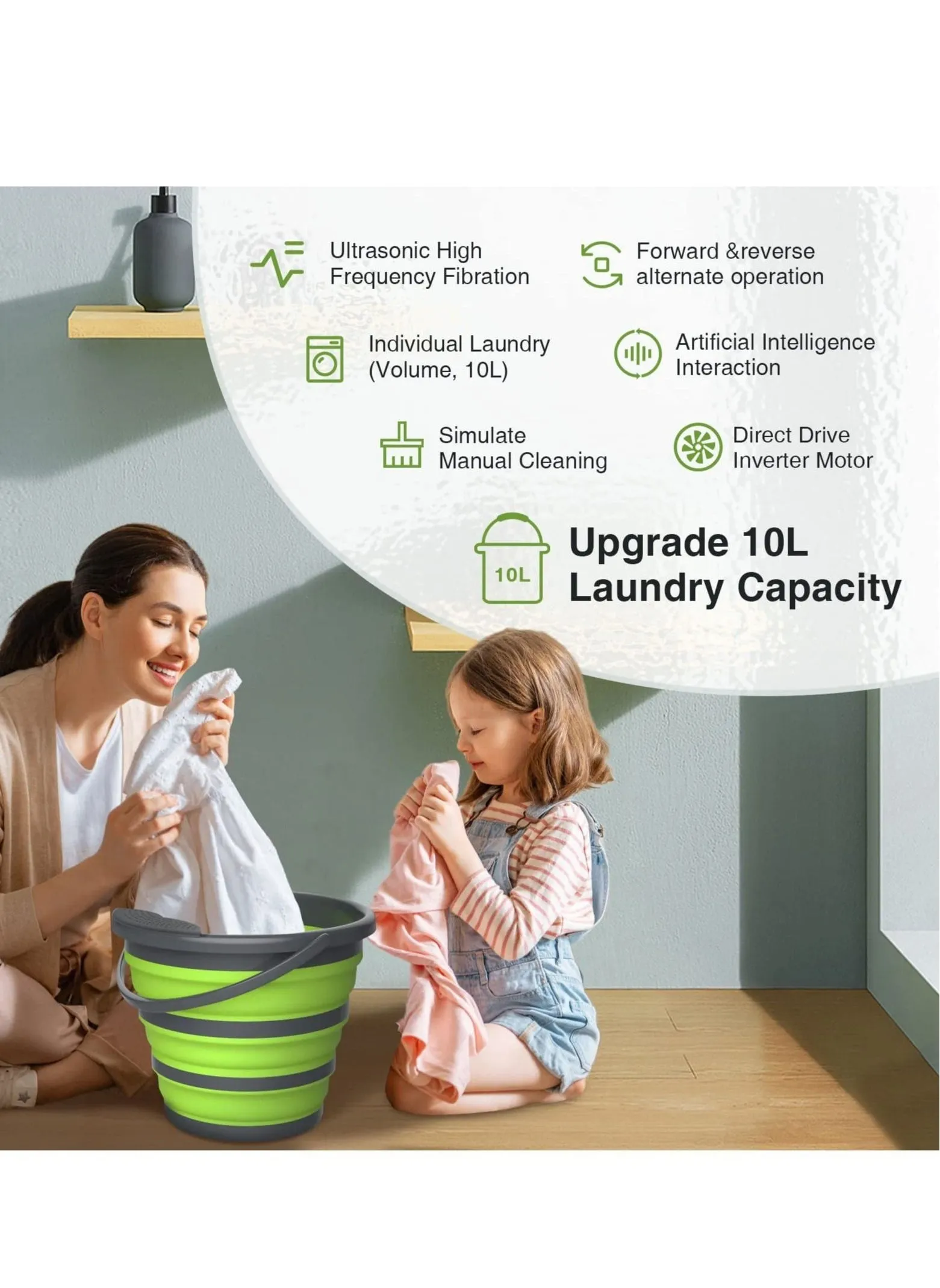 10L Portable Washing Machine Mini Washing Machine Foldable Laundry Tub, Ultrasonic Turbine Bucket by USB Powered, Baby Clothes Washer for Home Travel Apartments Dorms Socks Underwear-2