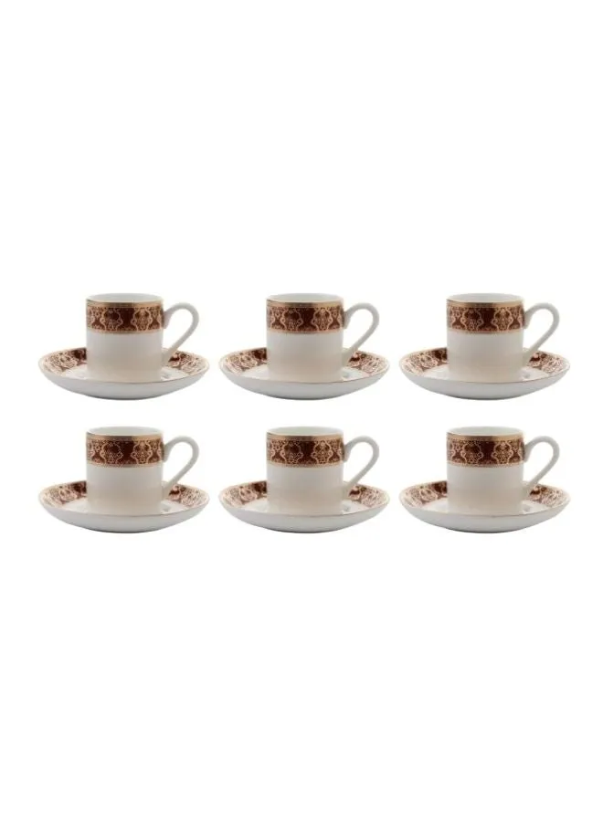 طقم فناجين قهوة مع الصحون من البورسلين مكون من 12 قطعة أبيض/بني/ذهبي Tea Cups 6x100ملليلتر-1