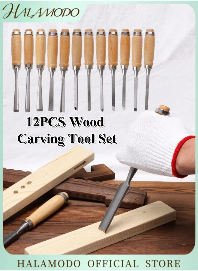 12 PCS Carbon Steel Carving Tool Set Gouges Woodworking Chisels بحجم كامل سكاكين نحت الخشب كهدايا للمبتدئين والمبتدئين والمهنيين-1