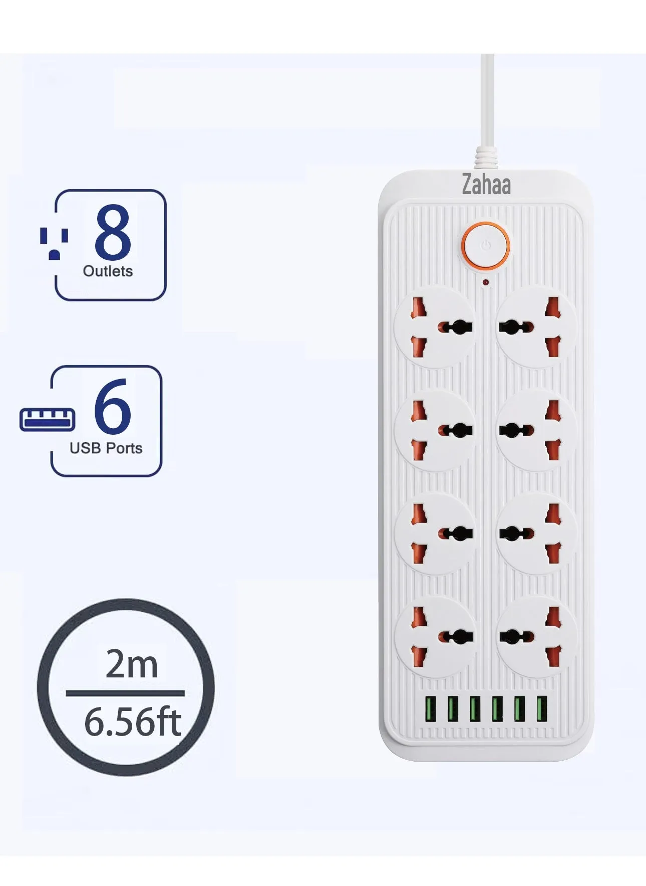 Zahaa l Extension الحبل مع 8 مقبس كهربائي و 8 فتحات USB 6 متر ، شريط الطاقة 8 طرق مع فتحة شحن USB من النوع8 ، الرصاص التمديد - الأبيض 2 متر-1