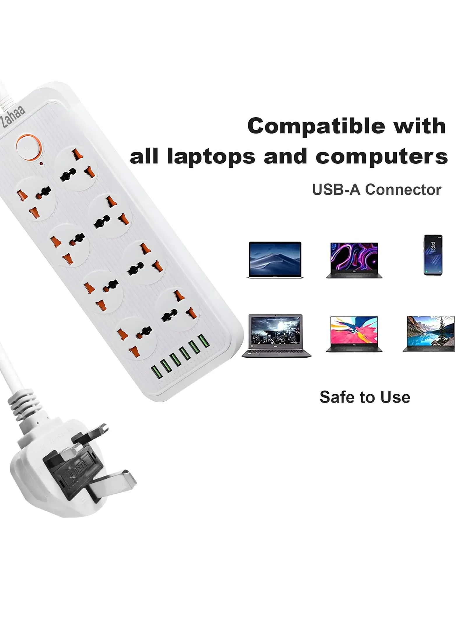 Zahaa l Extension الحبل مع 8 مقبس كهربائي و 8 فتحات USB 6 متر ، شريط الطاقة 8 طرق مع فتحة شحن USB من النوع8 ، الرصاص التمديد - الأبيض 2 متر-2