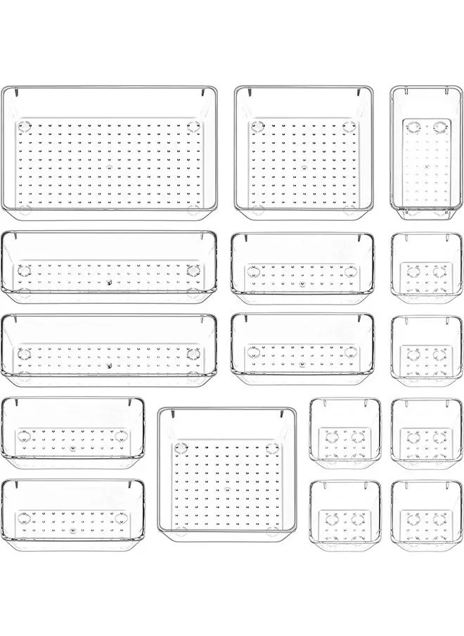 منظمات ادراج, مجموعة من 16 قطعة من منظمات الدرج البلاستيكية الشفافة، متعددة الأحجام، تنظيم الدرج في الحمام والمكياج والمجوهرات وأدوات المطبخ والمكتب.-1