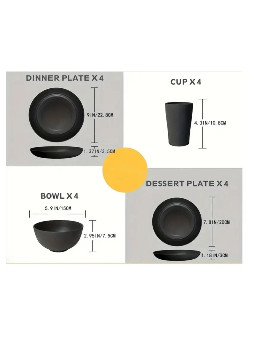طقم وعاء وطبق وكوب وأدوات مائدة من البلاستيك الأسود الخالص مكون من 16 قطعة-2