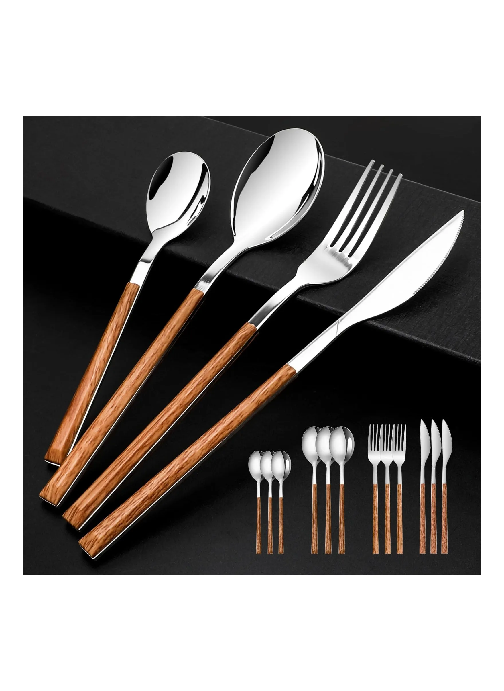 16PCS Stainless Steel Flatware, (Service for 4) Cutlery Set with Simulated Wooden Handles Stylish Cutlery  Stainless Steel Cutlery Dining Table Flatware Set  for 4, Mirror Polished and Dishwasher Safe-1