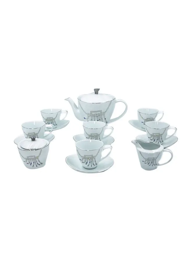 طقم شاي مكون من 17 قطعة أبيض/رمادي 6x Tea Cups (200 ml), 6x Tea Saucers (14 cm), 1x Teapot With Lid (1 Liter), 1x Sugar Bowl With Lid (18 cm) , 1x Milk Bowl (16 cm)-1