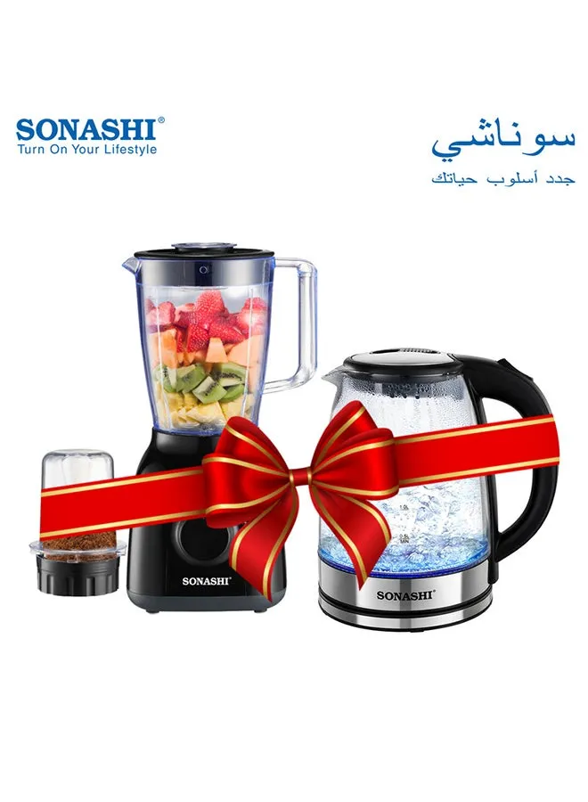 خلاط 2 في 1 ومطحنة غير قابلة للكسر مع غلاية زجاجية 1.8 L 1500 W SB-144B + SKT-1809-1