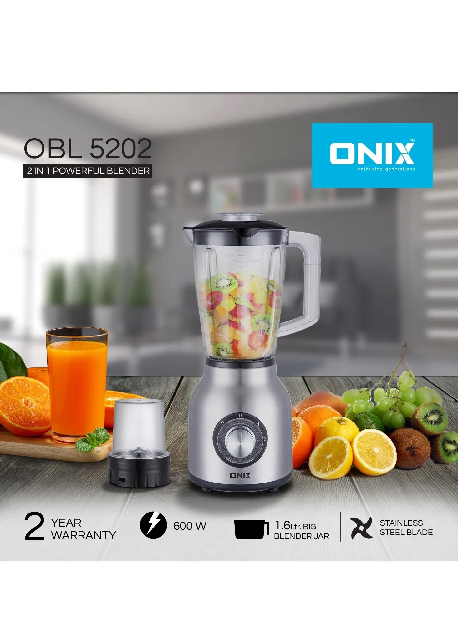 2 in 1 Powerful Blender 600W, 1.6L PC Unbreakable Jar, Powerful Copper Motor, 6 Pcs Stainless Steel Blade, Grey-2