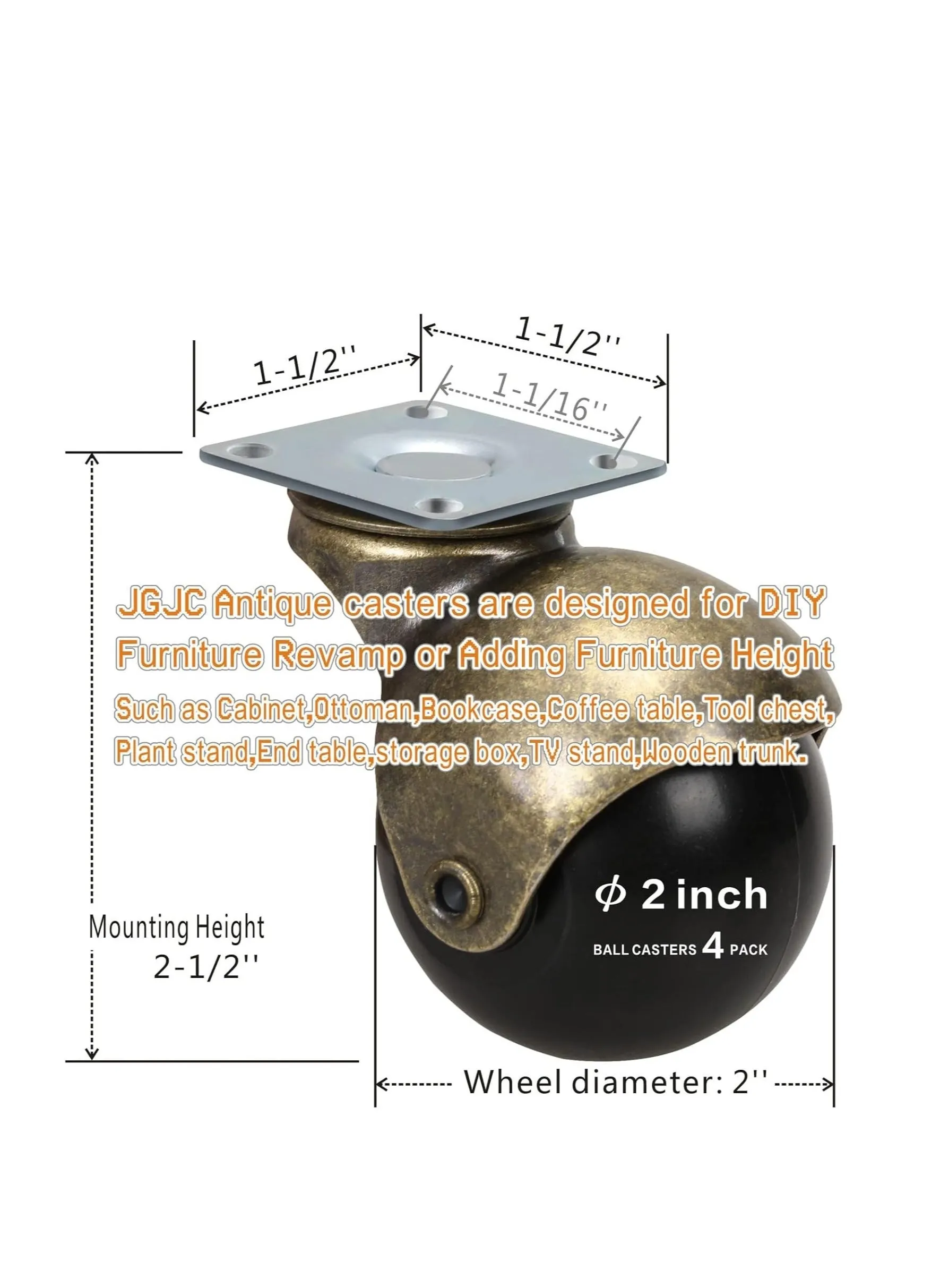 عجلات دوارة 2 بوصة للأثاث، مجموعة من 4 عجلات نحاسية عتيقة، عجلات كروية صلبة للأثاث، عجلات أثاث دوارة قوية للأثاث، الكراسي، الخزائن-2