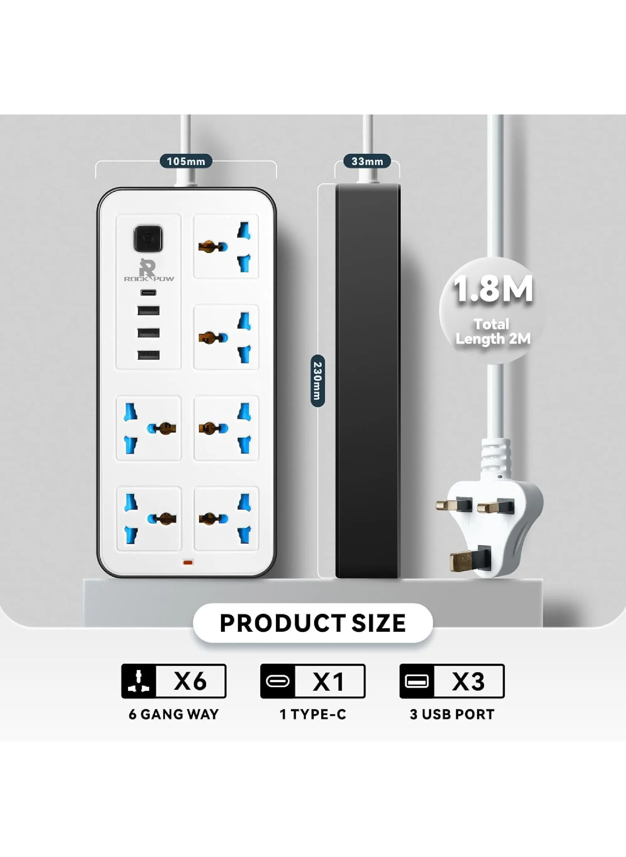 سلك تمديد عالمي بطول 2 متر مع 6 مقابس طاقة و3 فتحات USB + 1 PD وشريط طاقة 6 اتجاهات مع فتحة شحن USB من النوع C PD بطول 2 متر (6S+3U+1PD 2M)-2