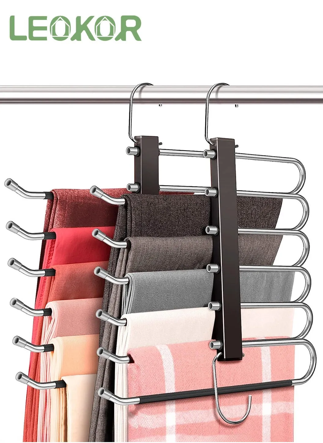 2 Pack Pants Hangers Space Saving Collapsible Pants Hangers Multifunctional Stainless Steel Rack Hangers 6 Tier Anti-Slip Pants Hangers-1