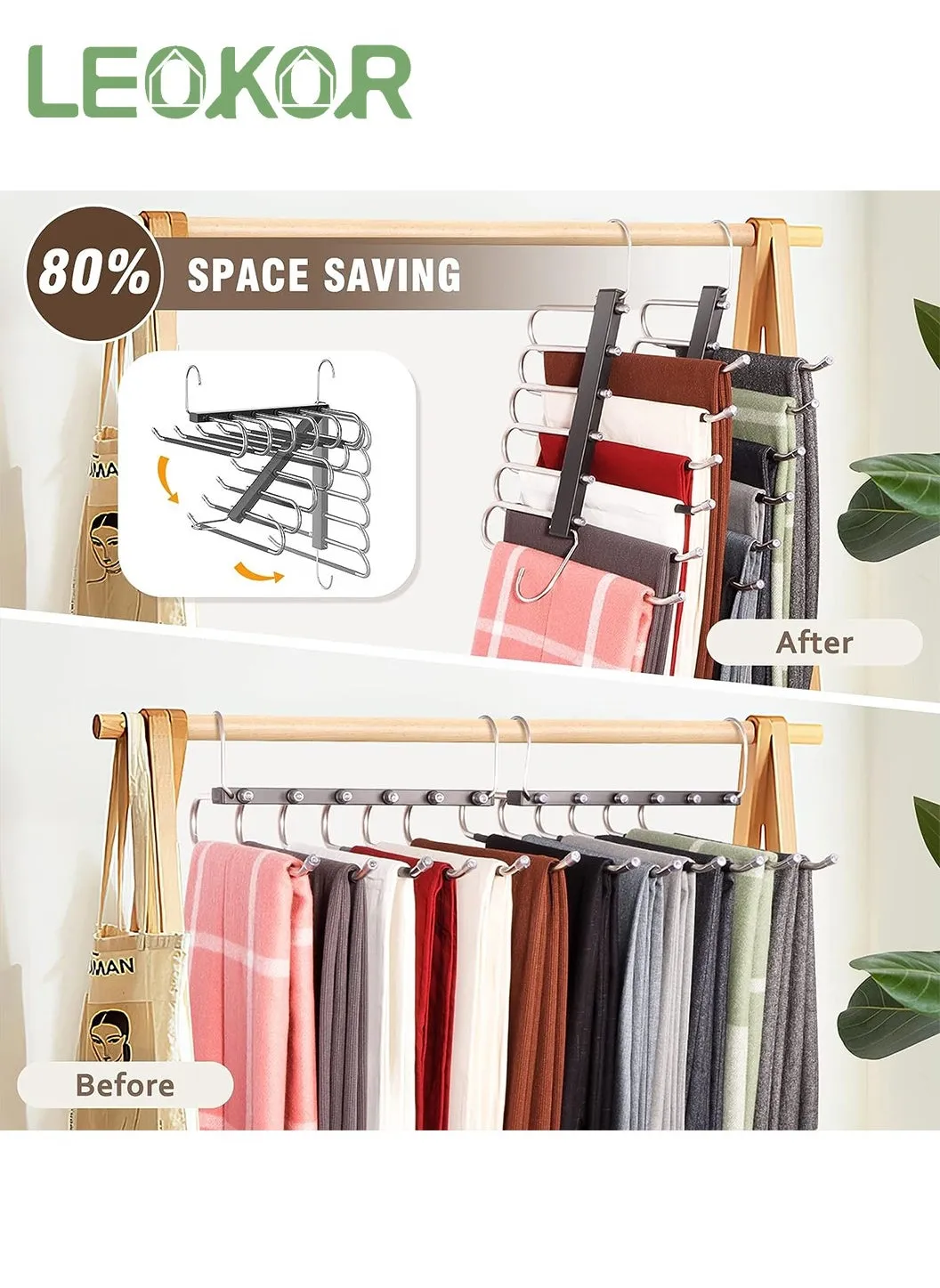 2 Pack Pants Hangers Space Saving Collapsible Pants Hangers Multifunctional Stainless Steel Rack Hangers 6 Tier Anti-Slip Pants Hangers-2