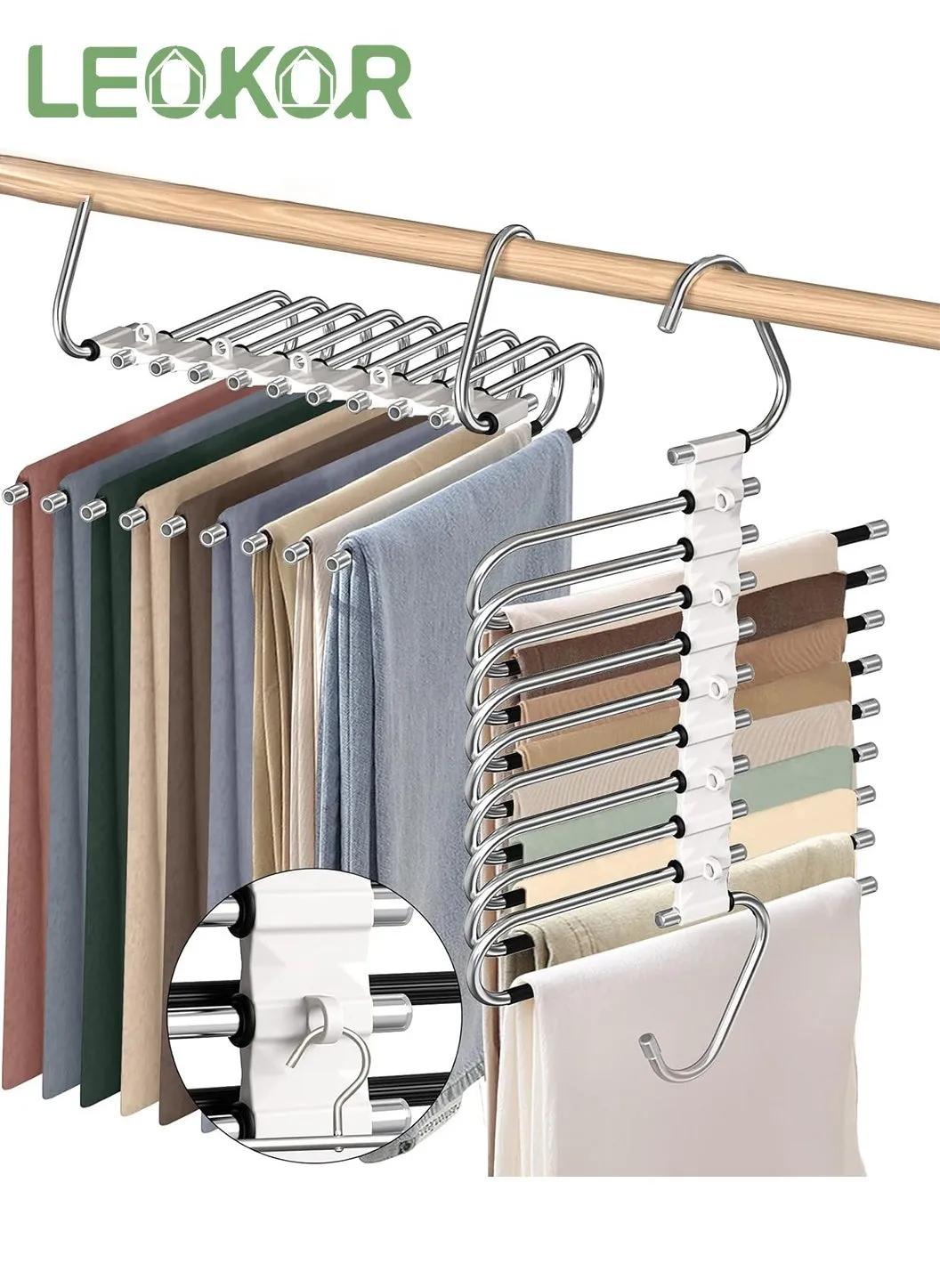 2 Pack Pants Hangers Space Saving Collapsible Pants Hangers Multifunctional Stainless Steel Rack Hangers 9 Tier Anti-Slip Pants Hangers-1