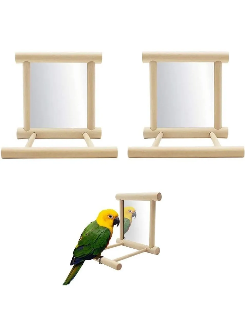 2 Pcs Parrot Bird Mirror Bird Stand Perch with Mirror Birdcage Perches Mirror Chew Toy Cockatoo Cage Wood Toy for African Grey Macaw Parakeet Cockatiels Conure Lovebirds-1