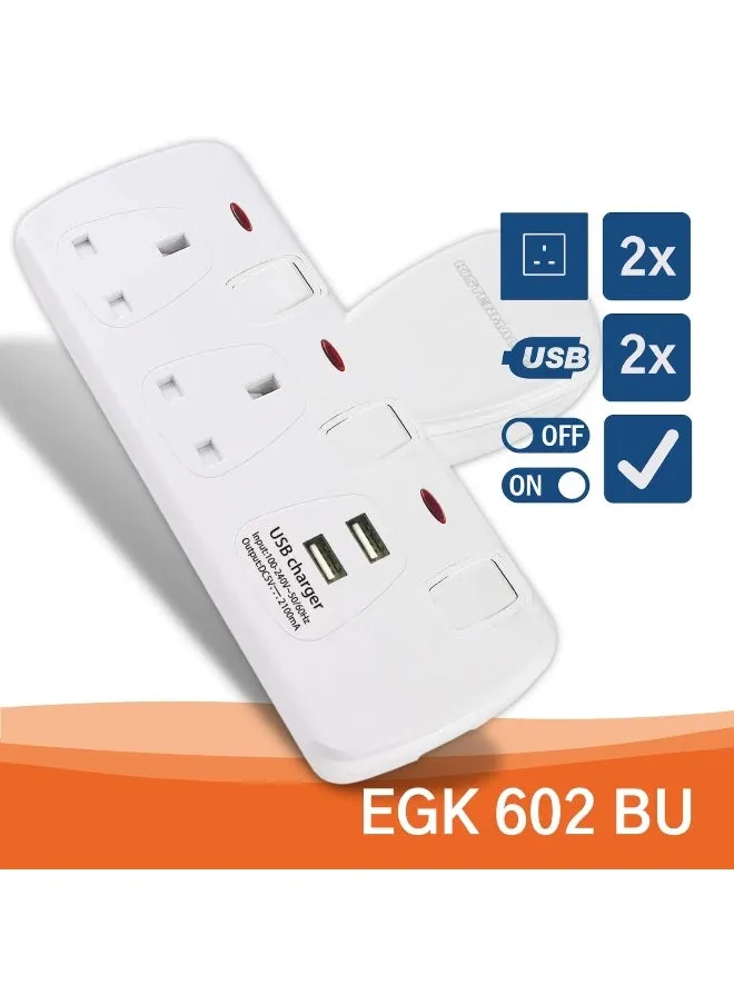 محول جداري صغير بسعتين 5V مع منفذ USB مزدوج باللون الأبيض EGK 602BU-2