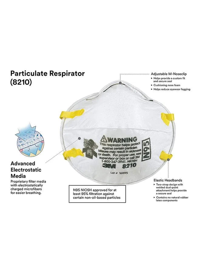 طقم كمامات N95 بتقنية الوقاية من الجسيمات مكون من 20 قطعة، طراز 8210 أبيض-2