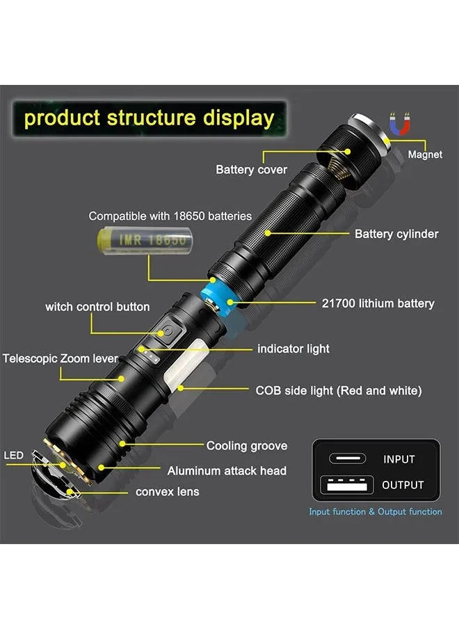 مصباح يدوي LED بقوة 20000 لومن قابل لإعادة الشحن، 7 أوضاع شعلة قابلة للتكبير مع ضوء جانبي COB، شحن سريع من النوع C IPX67 مقاوم للماء لعرض الطاقة في حالات الطوارئ والمشي لمسافات طويلة والتخييم-2