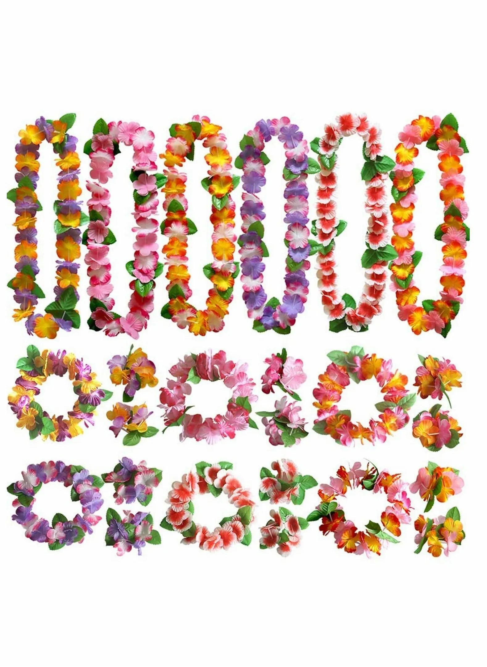 24 PCS Hawaiian Wreath Headband Wristbands Tropical Flower Leaf Hawaii Necklace Headpiece Bracelets Wedding Vacation Summer Beach Carnival Party Garland Decorations-1