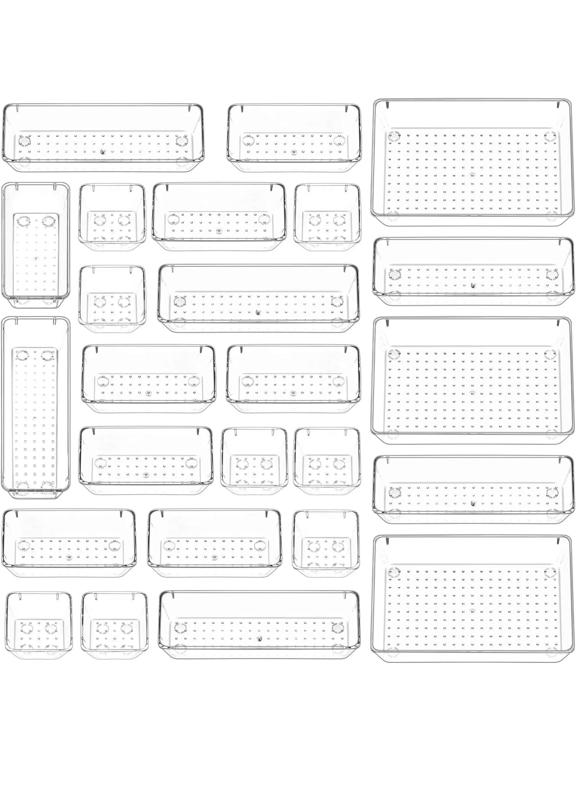 مجموعة من 25 قطعة منظمات درج بلاستيكية شفافة، تحتوي على صواني منظمة للدرج بأربعة أحجام متنوعة، صناديق تخزين لمستحضرات التجميل، وغرفة النوم، وأدوات المطبخ، وأدوات المكتب.-1