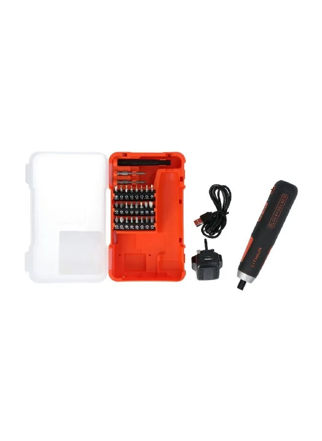 3.6V Cordless Screwdriver with 30 Accessories and USB Charger Black and Orange 6.35 mm BD40K27-B5-2