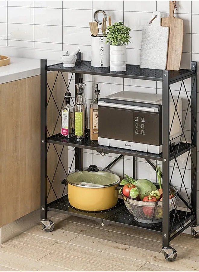 3 Levels Shelf Foldable Storage Shelf on Wheels, Metal Storage Shelf Display Shelf for Garage Kitchen, Pantry, Closet, Laundry, Laundry - Black-1