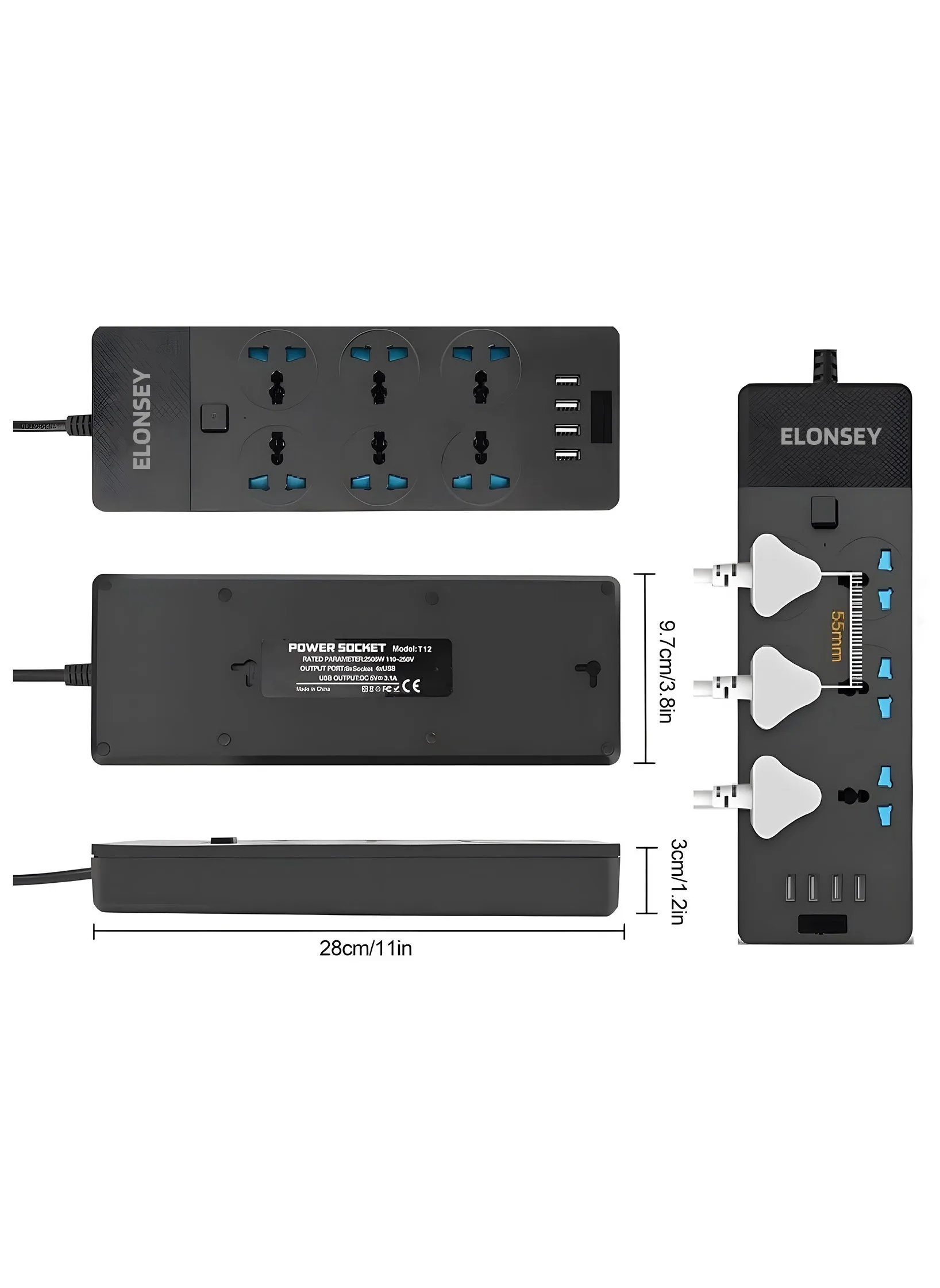 سلك تمديد طاقة عالمي بطول 3 أمتار مزود بـ 6 مقابس طاقة و4 منافذ USB، توصيلة كهرباء 6 مخارج و 4 منافذ يوايس بى 3 متر-2