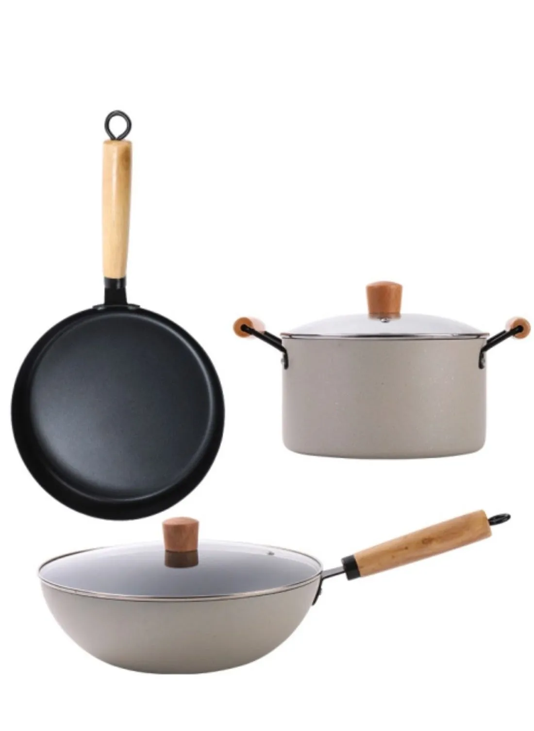 3 Piece Cookware Set Non Stick Coating Three Piece Pot Set Wok Frying Pan Soup Pan Uniform Heat Conduction White-1