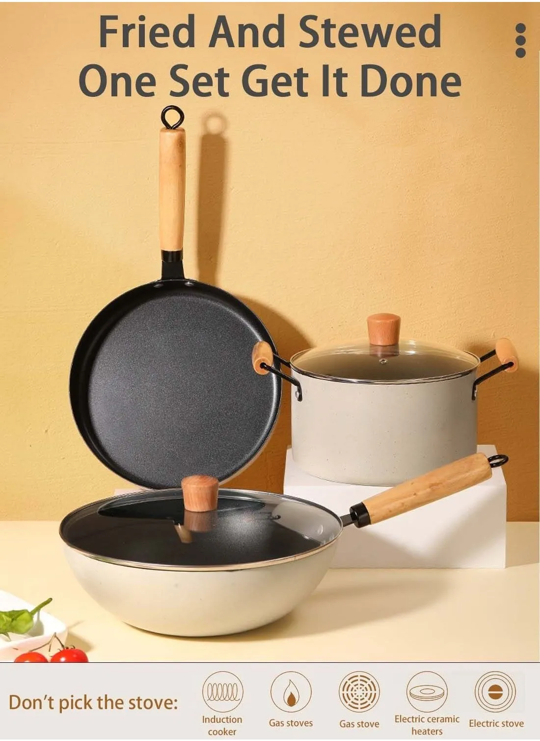 3 Piece Cookware Set Non Stick Coating Three Piece Pot Set Wok Frying Pan Soup Pan Uniform Heat Conduction White-2