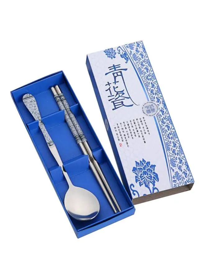 طقم ملاعق وعيدان تناول الطعام من الستانلس ستيل مكون من 3 قطع أزرق / فضي 1 Spoon 7.2x20x2, 2 Chopsticks 9.8x21.2x2.8Ø³Ù†ØªÙŠÙ…ØªØ±-1