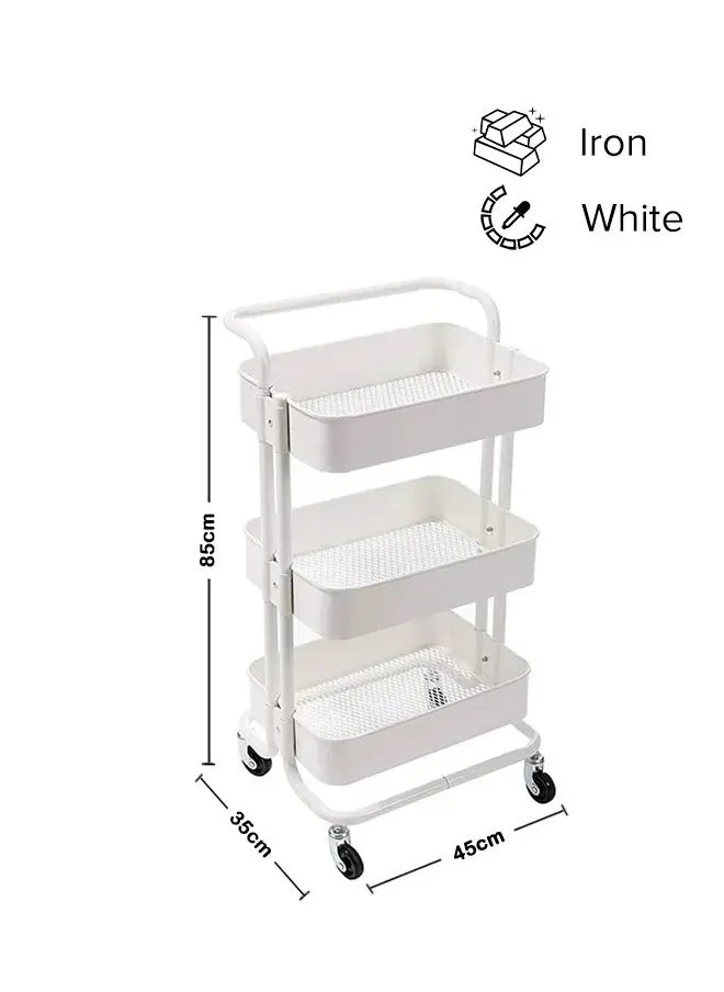 عربة دوارة معدنية ذات 3 طبقات، عربة تقديم المطبخ مع مقبض علوي، عجلات قابلة للقفل و سلال تخزين شبكية، عربة تنظيم متنقلة للمنزل والمكتب (أبيض)-2