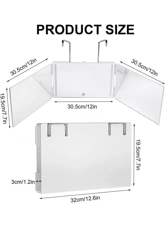 مرآة ثلاثية الاتجاهات مع أضواء LED، مرآة لقص الشعر بزاوية 360 درجة، مرآة مكياج، مرآة حلاقة، مرآة ثلاثية الطي مع خطافات تصغير الارتفاع للتصفيف الذاتي، مرآة حلاقة مثبتة على الحائط (أبيض)-2
