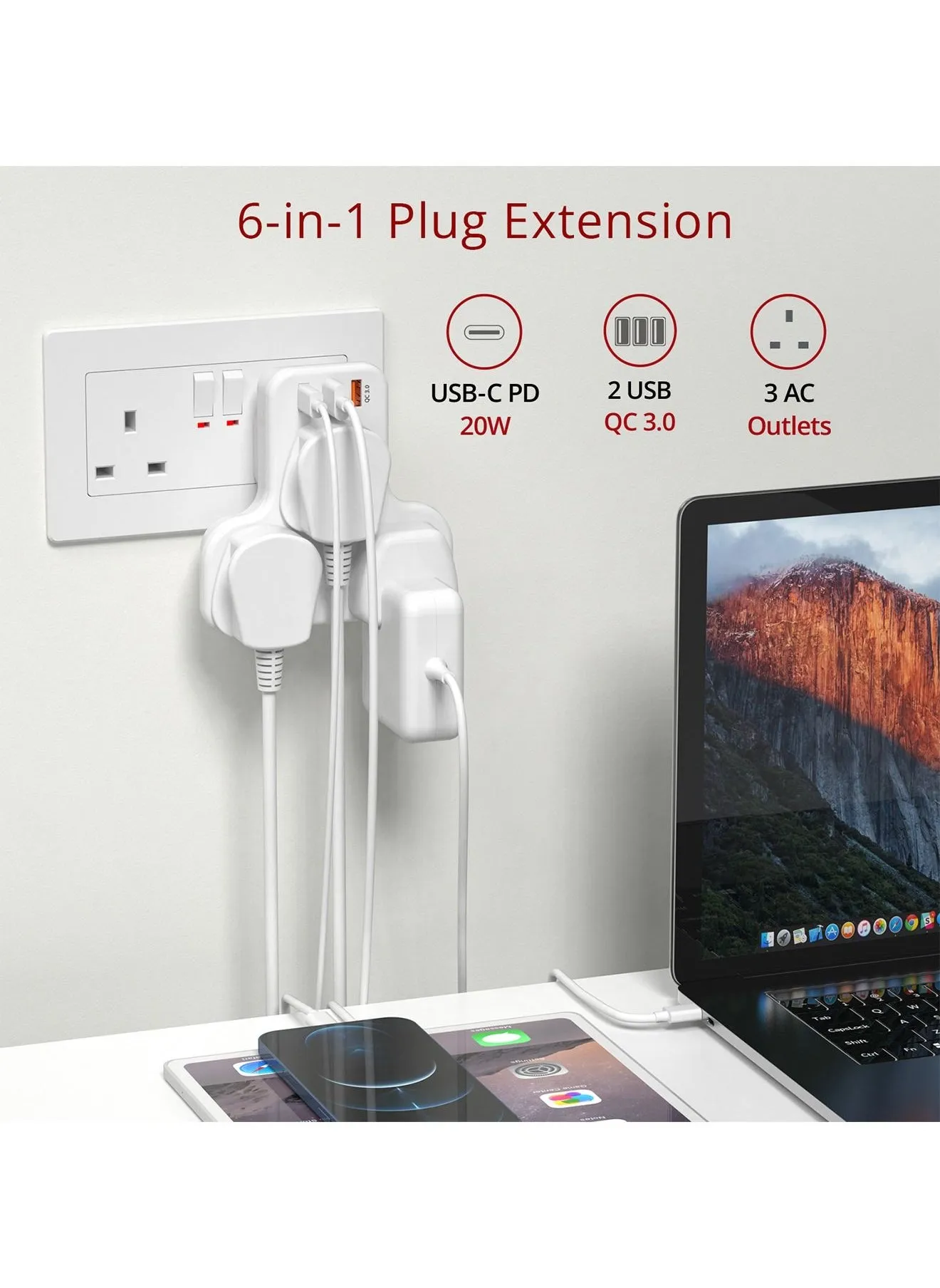 مقبس توصيل كهربائي متعدد المنافذ مع 3 منافذ شحن USB و منفذ 20 واط USB-C-2