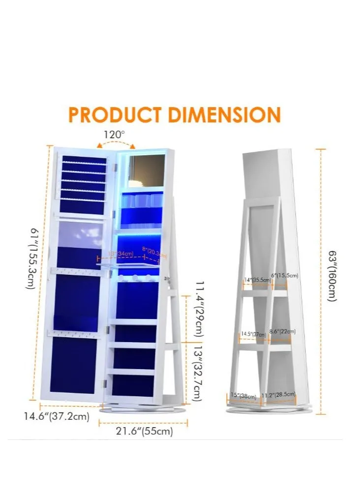 خزانة مجوهرات تدور 360 درجة، مرآة بطول كامل مع تخزين للمجوهرات، منظم خزانة مجوهرات قائم مع مرآة، قابل للدوران، سعة كبيرة (أبيض)-2