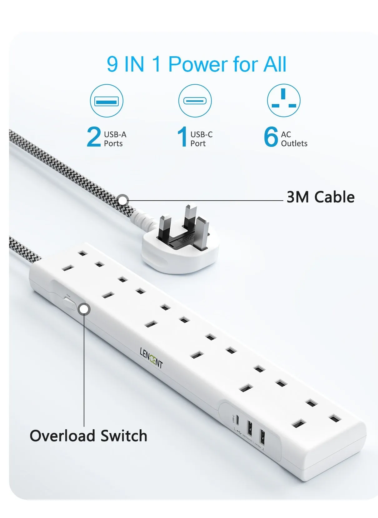 وصلة تمديد 3M مع فتحات USB ، شريط طاقة LENCENT 6 منافذ مع 1 USB C و 2 USB ، تمديد قابس طاقة متعدد-2