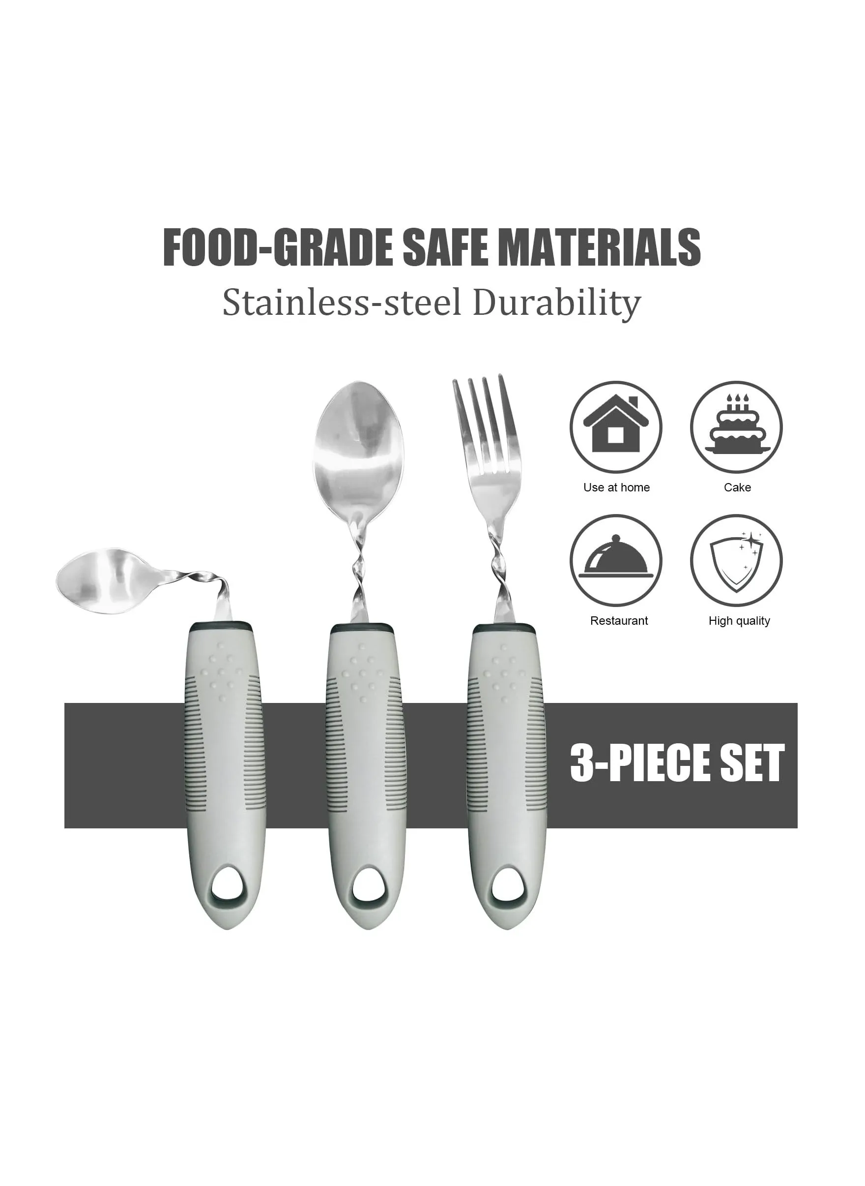 3PCS Weighted Utensils for Right-Handed Users, Non-Slip Handle Curved Spoon and Fork Stainless Steel Weighted Eating Silverware for Hand Tremors Arthritis Parkinsons Elderly,Built Up Utensils-2