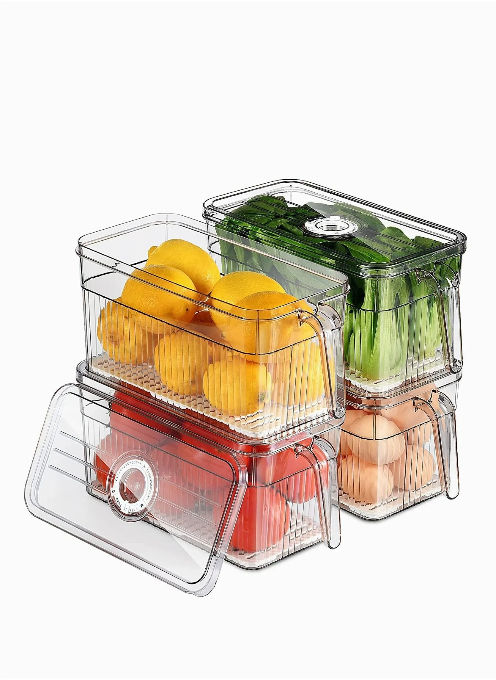 4 Pack Fridge Organizer with Freshness Timer Lid, Stackable Refrigerator Organizer Bins with Front Handle and Drain Tray, BPA-FREE Clear Plastic Storage Bins for Kitchen, Pantry, Refrigerator-1