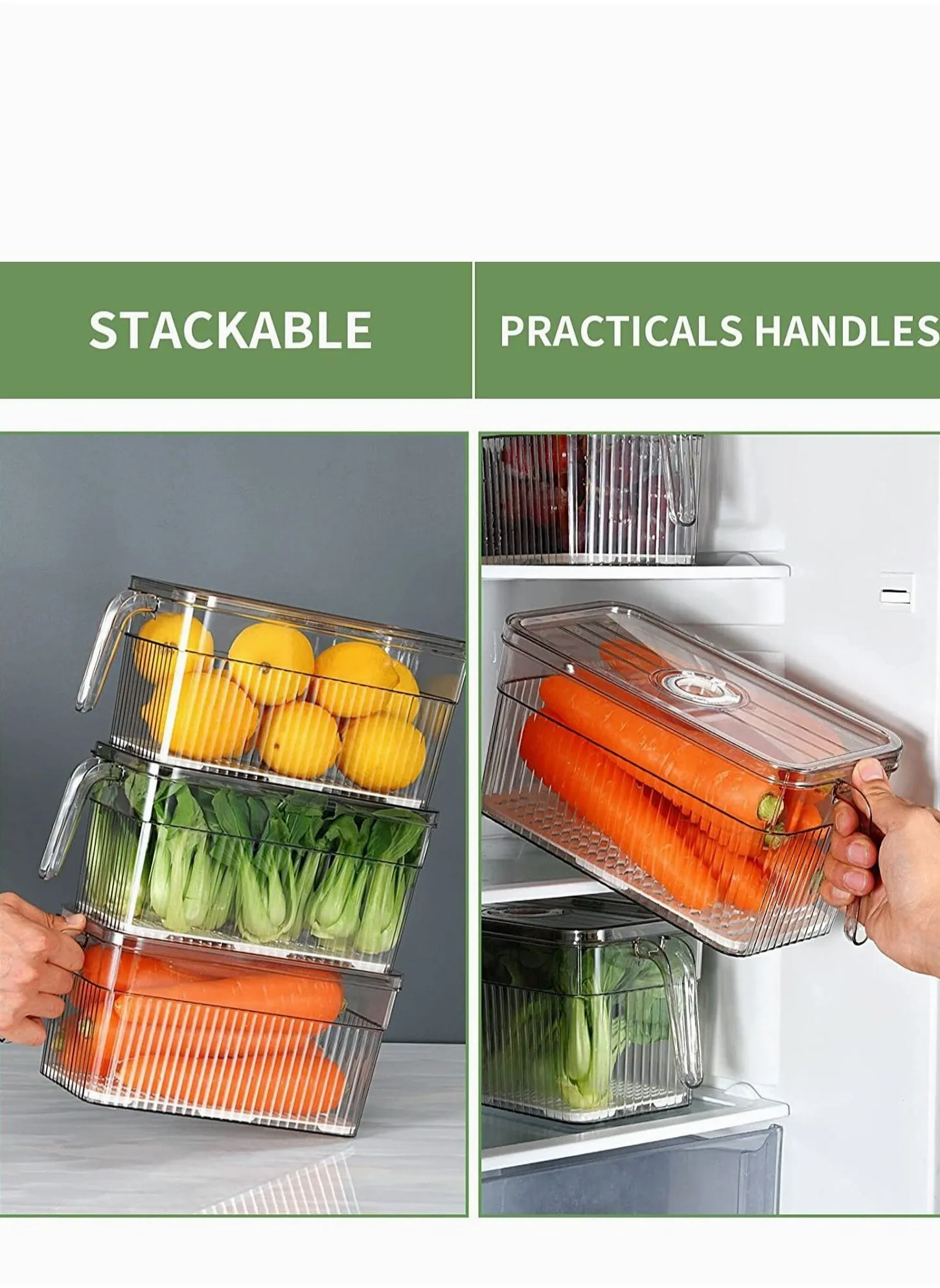 4 Pack Fridge Organizer with Freshness Timer Lid, Stackable Refrigerator Organizer Bins with Front Handle and Drain Tray, BPA-FREE Clear Plastic Storage Bins for Kitchen, Pantry, Refrigerator-2