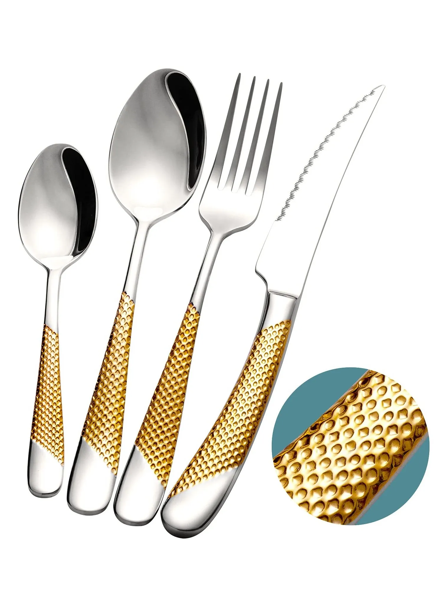 4-Piece ​Hammered Silver Gold Cutlery Set with Ultra Sharp 2-in-1 Serrated Knive, Golden 18/10 Stainless Steel Silverware Set, Flatware Set for 1 People, Knives Forks Spoons Set-1