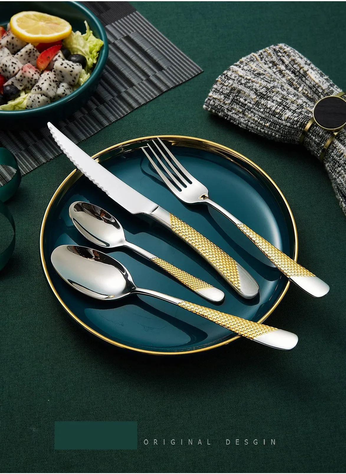 4-Piece ​Hammered Silver Gold Cutlery Set with Ultra Sharp 2-in-1 Serrated Knive, Golden 18/10 Stainless Steel Silverware Set, Flatware Set for 1 People, Knives Forks Spoons Set-2