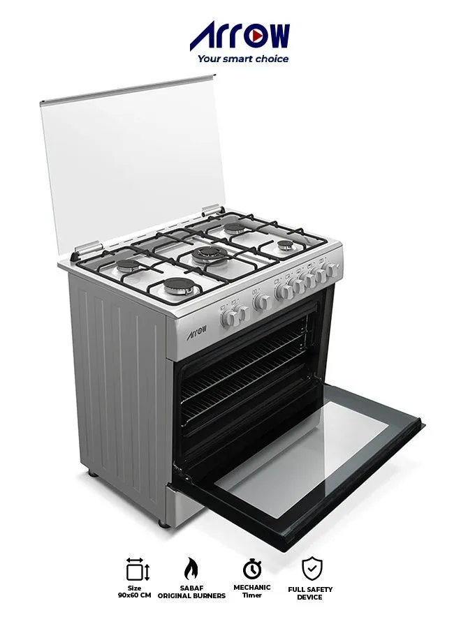 5 Burners Gas Cooker, Size 90X60 CM | Full Sabaf Burners | Warming Cabinet | Silver Color| Full Saftey Cooker | Stainless Steel Material | Model Name: RO-9060GSKS-1