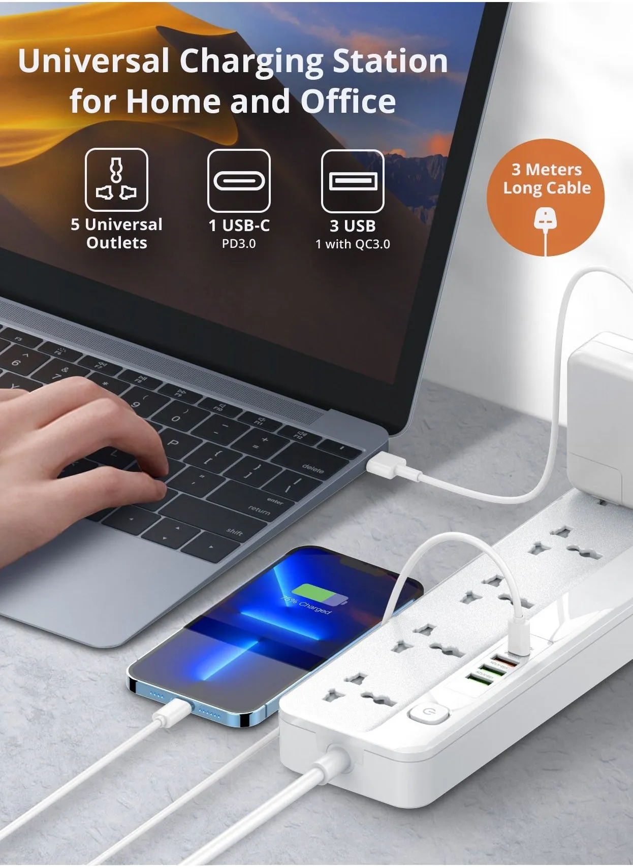 سلك تمديد طاقة 5 طرق مع USB ، 1x 20 واط USB-C PD ، 3 منافذ شحن سريع USB-A QC ، 5x مآخذ توصيل كهربائية عالمية ، شريط واقي تصاعد شحن متعدد التوصيل ، منظم كابل 3M-2