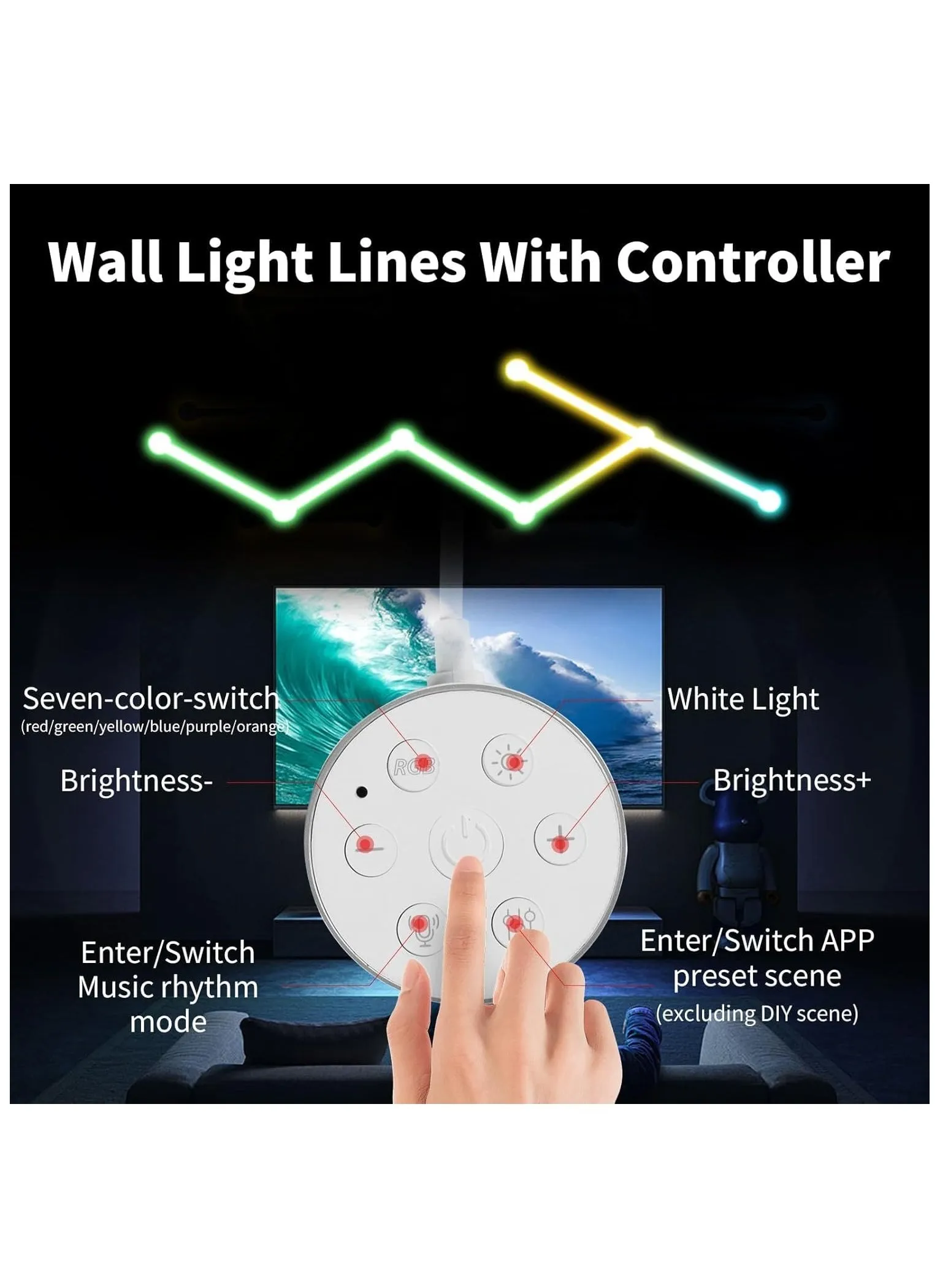 6 خطوط إضاءة LED ذكية BT RGB، أشرطة إضاءة LED ملونة قابلة للتعتيم، مزامنة الموسيقى، غرفة الألعاب، غرفة النوم (أبيض)-2