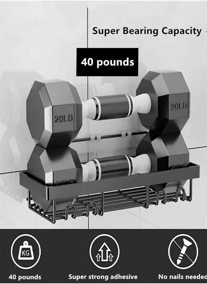 6 علبة الدش، منظم الحمام اللاصق، بدون حفر، سعة كبيرة، منظم دش الحمام من الفولاذ المقاوم للصدأ مع 4 هوك، رفوف الدش الأسود الداخلي-2