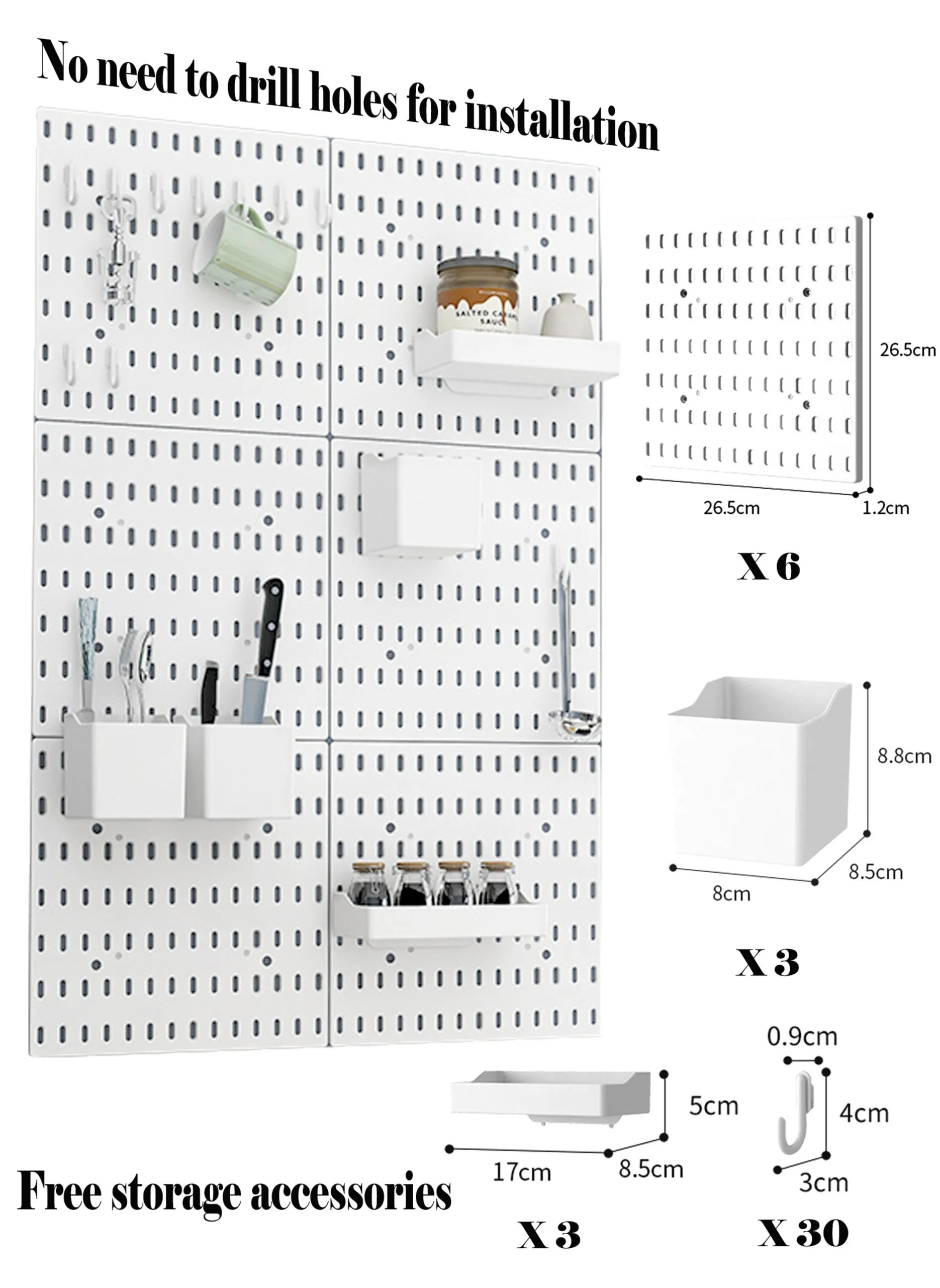 مجموعة مكونة من 6 قطع من مجموعة تخزين الألواح المعلقة على الحائط للتركيب دون حفر ثقوب، منظم حائط بيجبورد معلق مع 6 ألواح بيجبورد و36 ملحقًا، منظم حائط للمكتب المنزلي، أبيض-1