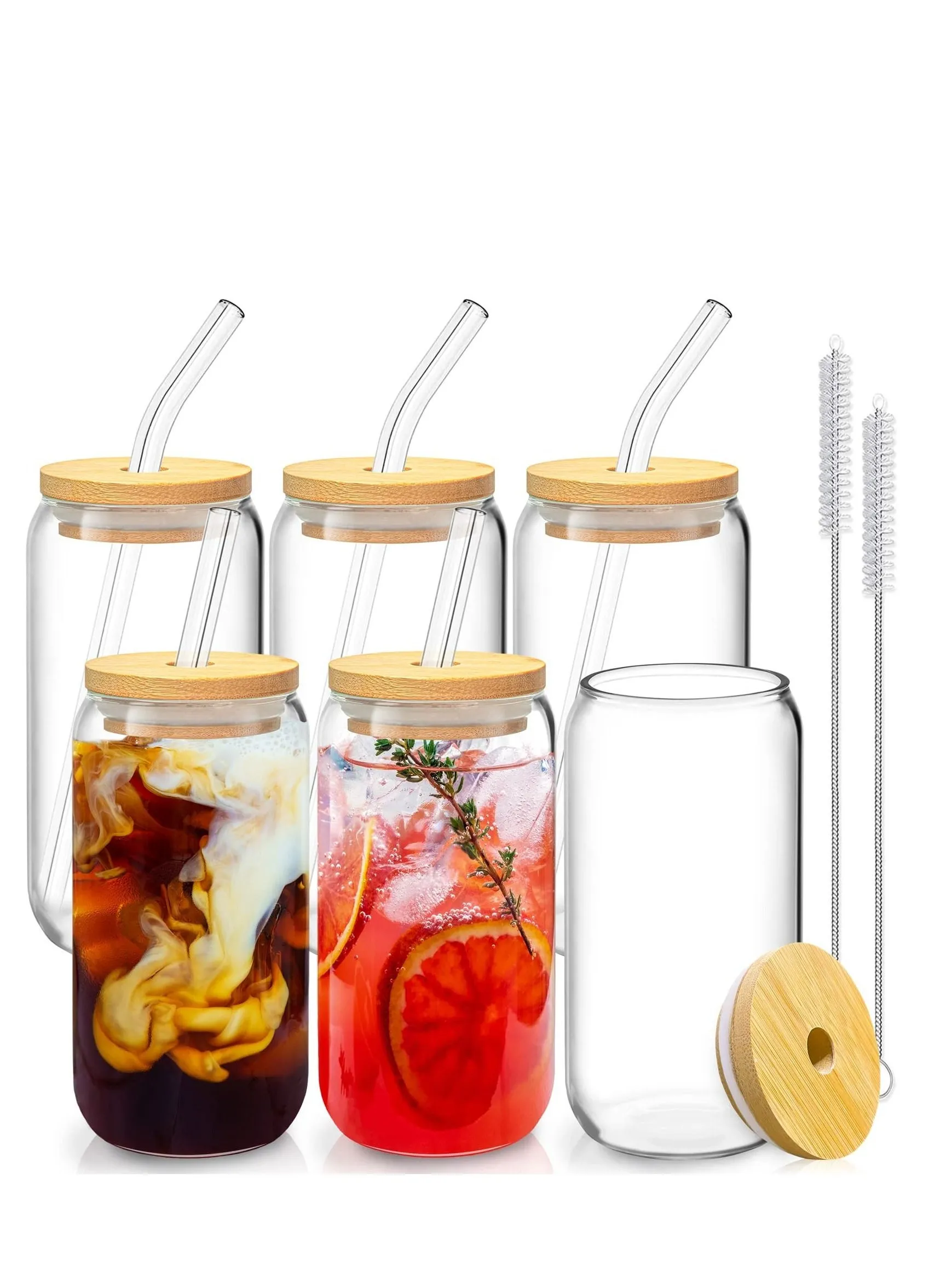 6 Pcs Drinking Glasses with Bamboo Lids and Glass Straw - 16 Oz Can Shaped Glass Cups Beer Glasses Ice Coffee Glasses Cute Tumbler Cup Great for Soda Boba Tea Cocktail Include 2 Cleaning Brushes-1