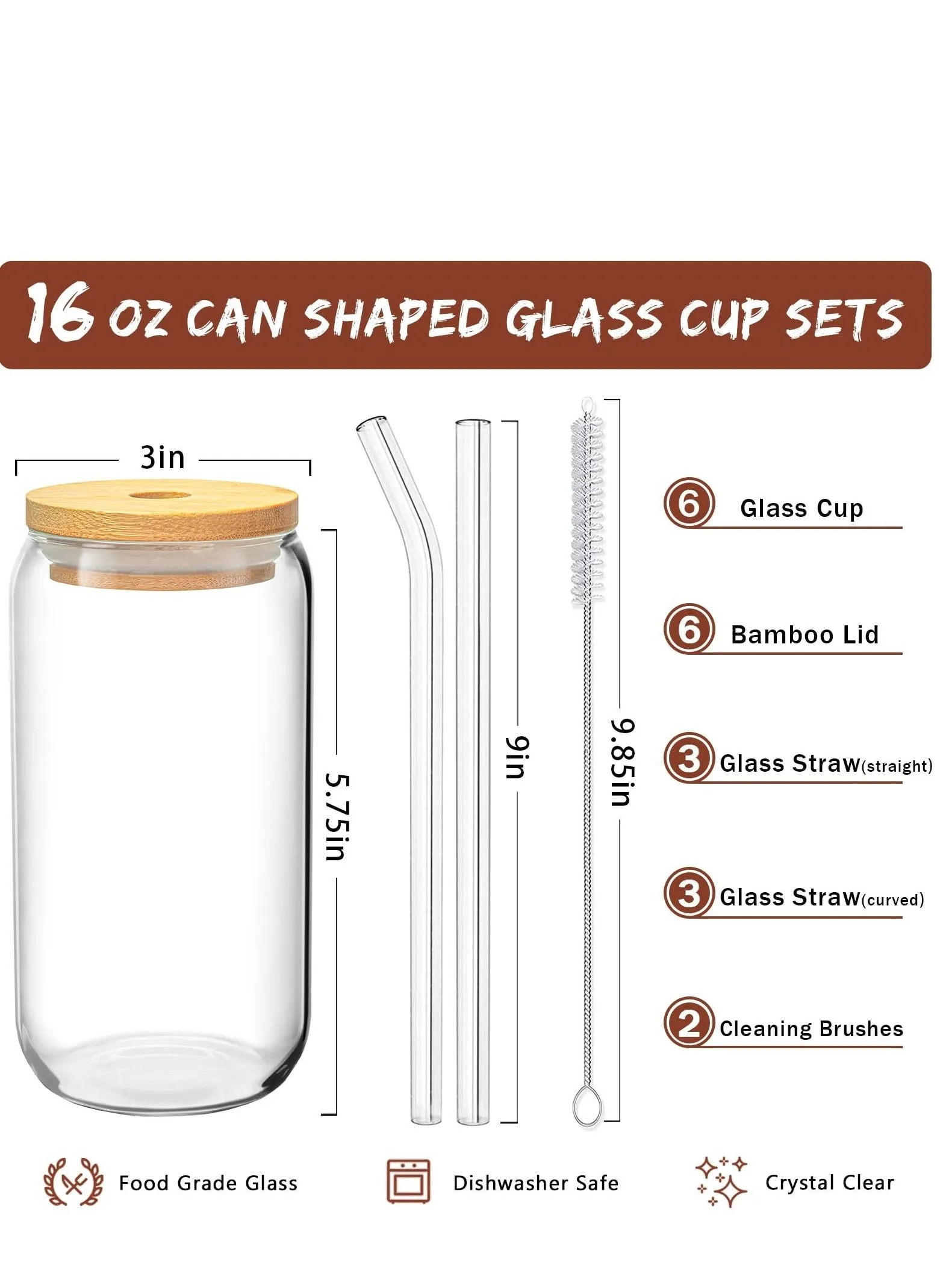 6 Pcs Drinking Glasses with Bamboo Lids and Glass Straw - 16 Oz Can Shaped Glass Cups Beer Glasses Ice Coffee Glasses Cute Tumbler Cup Great for Soda Boba Tea Cocktail Include 2 Cleaning Brushes-2