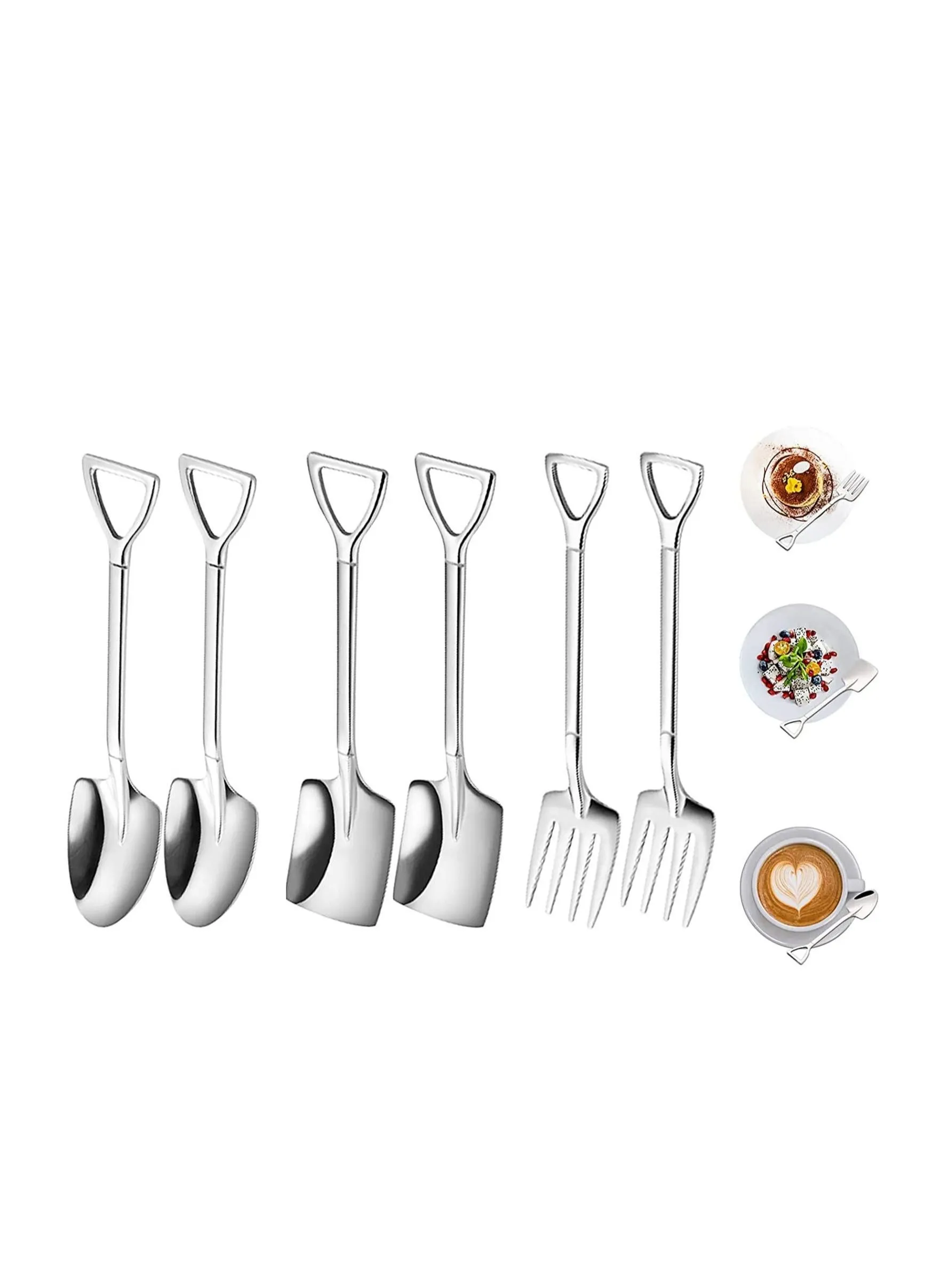 6 Pcs Stainless Steel Coffee Latte Spoon, Shovel Spoon and Fork Set Ice Cream Dessert Tea Sugar Fruit for Party, Long Handle Creative Party Kitchen Inch-1