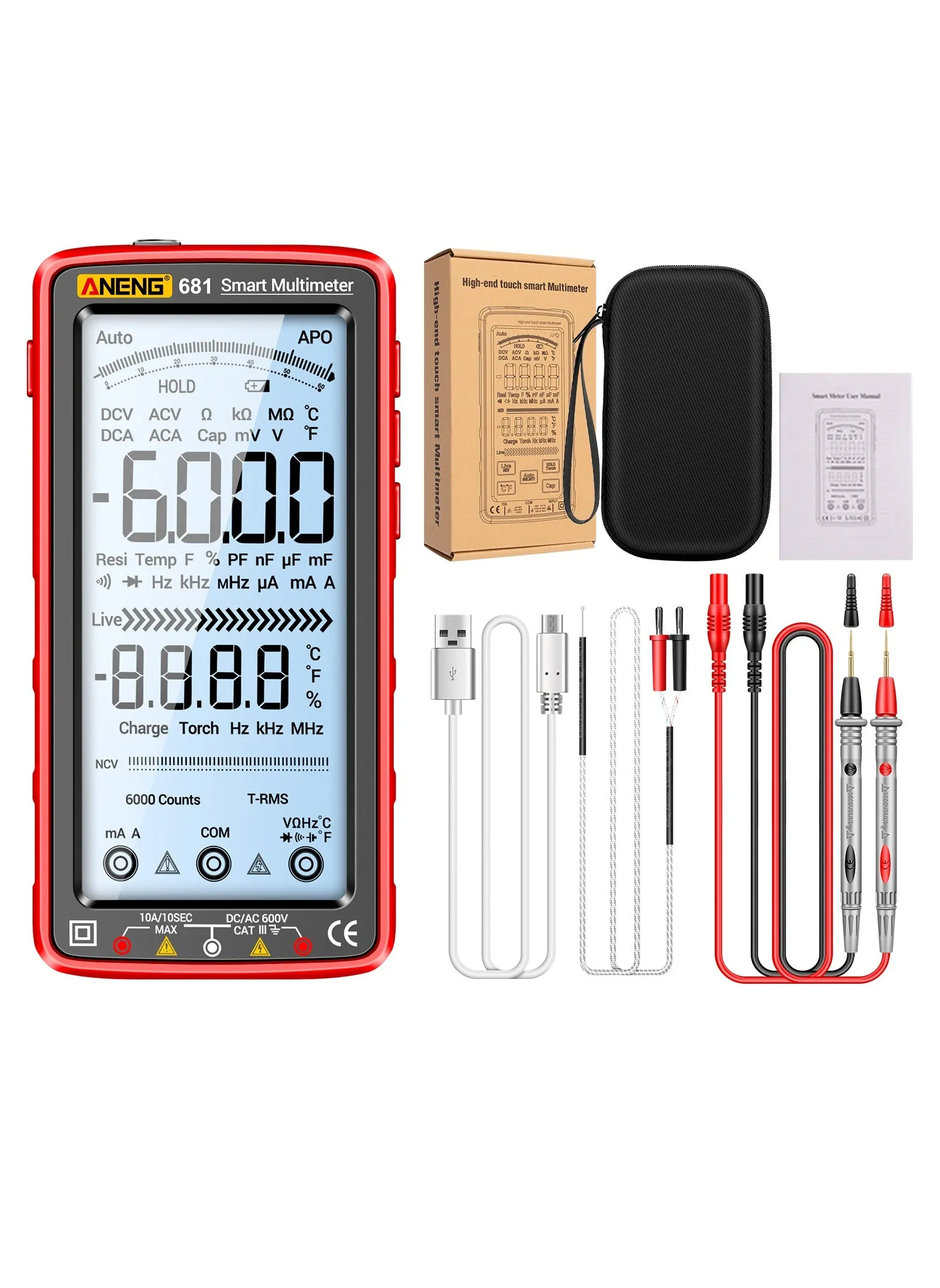 681 6000 Counts Digital Multimeter Smart Anti-burn Rechargeable Universal Meter NCV Tester شاشة LCD كبيرة مقاس 5 بوصات مع مصباح يدوي بإضاءة خلفية-1