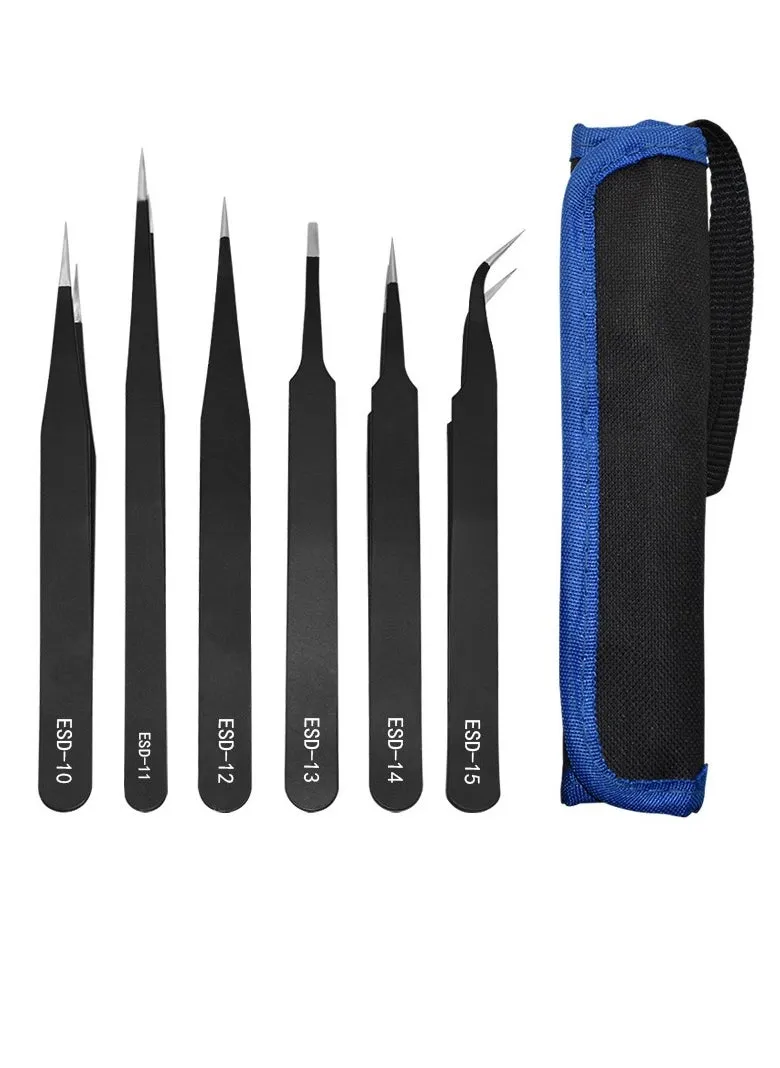 6PCS Precision Tweezers Set, Upgraded Anti-Static Stainless Steel Curved of Tweezers, for Electronics, Laboratory Work, Jewelry-Making, Craft, Soldering-1